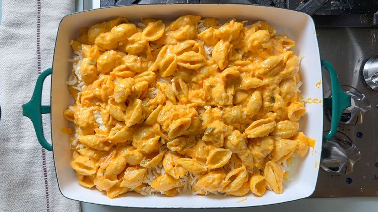 Kimchi mac and cheese in baking dish