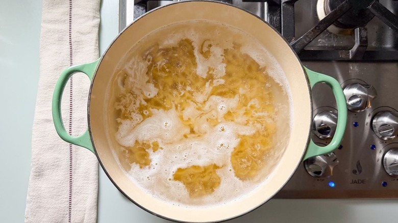 Pasta shells cooking in pot of water on stovetop