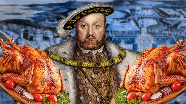 A portrait of King Henry VIII with dressed turkeys superimposed