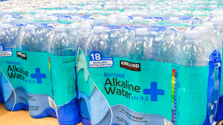 Kirkland Signature ionized alkaline water on a shelf at Costco