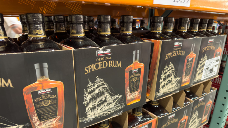 Stacked cases of Kirkland spiced rum