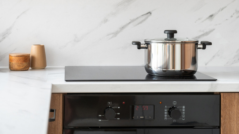 A spotless minimalist kitchen, featuring an electric stovetop with a pot sitting on top