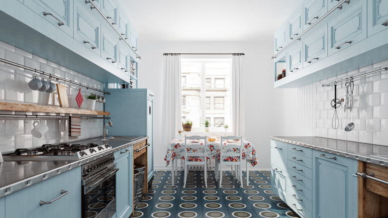 blue kitchen with matching backsplash