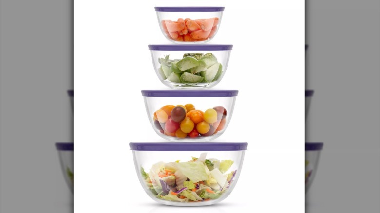 JoyJolt JoyFul 4 Piece Glass Purple Mixing Bowls Set With Airtight Lids against a white background