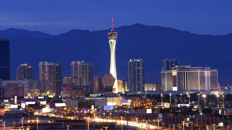 Las Vegas skyline at night featuring the famous Strat tower