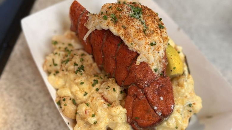 The "Mac Daddy" baked potato with lobster mac and cheese and a lobster tail from Rock N Potato in Las Vegas