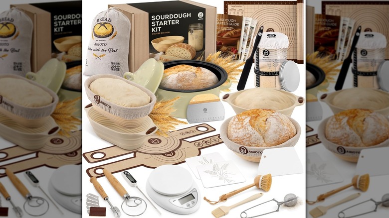 Abioto sourdough starter kit items, including Dutch oven, recipe guide, food scale, and more
