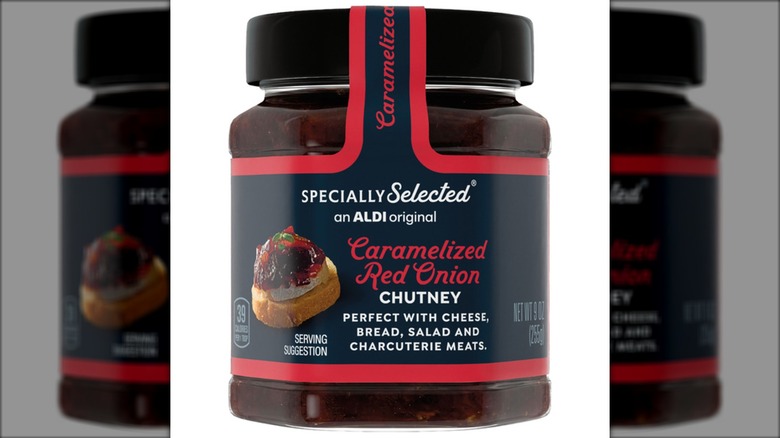 Jar of Aldi Specially Selected caramelized red onion chutney.