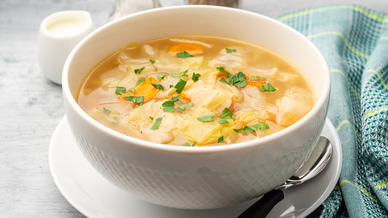 cabbage soup in a white bowl garnished with minced parsley