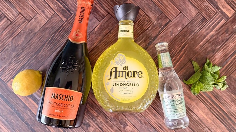 Limoncello Amalfi spritz ingredients on countertop
