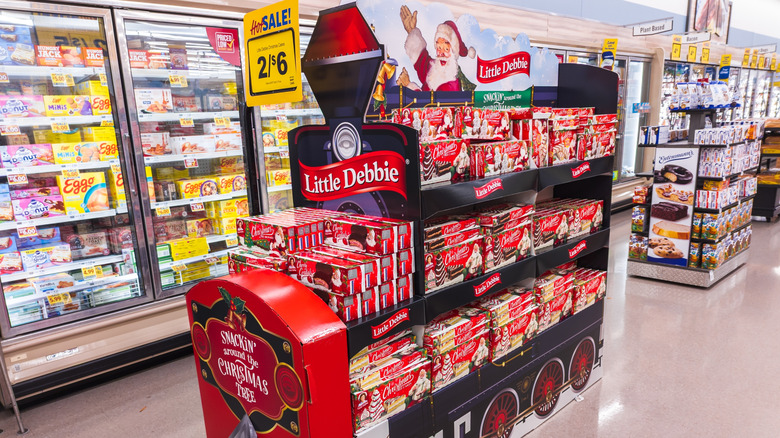 Little Debbie Christmas train display in grocery store.