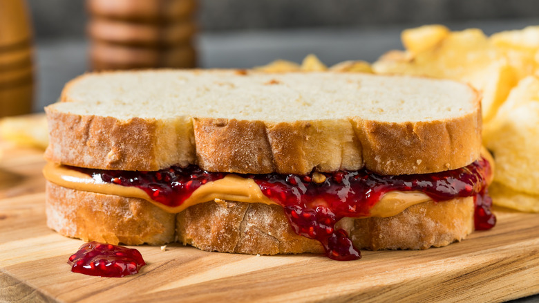American Homemade Peanut Butter and Jelly Sandwich with Chips