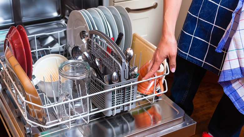 Person standing next to a lower full dishwasher rack