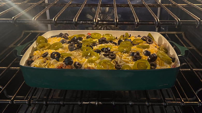 Loaded beef taco casserole in oven