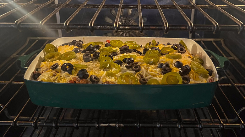 Loaded beef taco casserole in oven