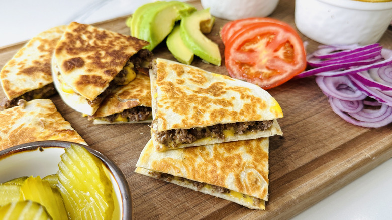 Cheeseburger quesadillas with toppings