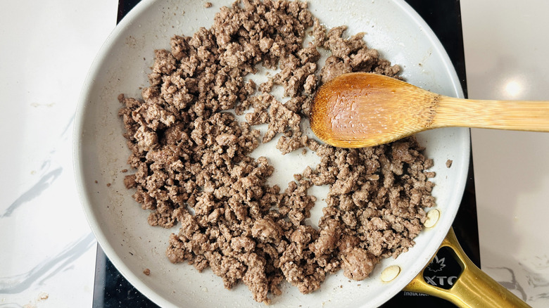 Cooked beef in skillet
