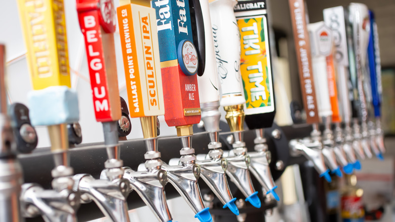 A number of beers on tap at a brewery in Los Angeles