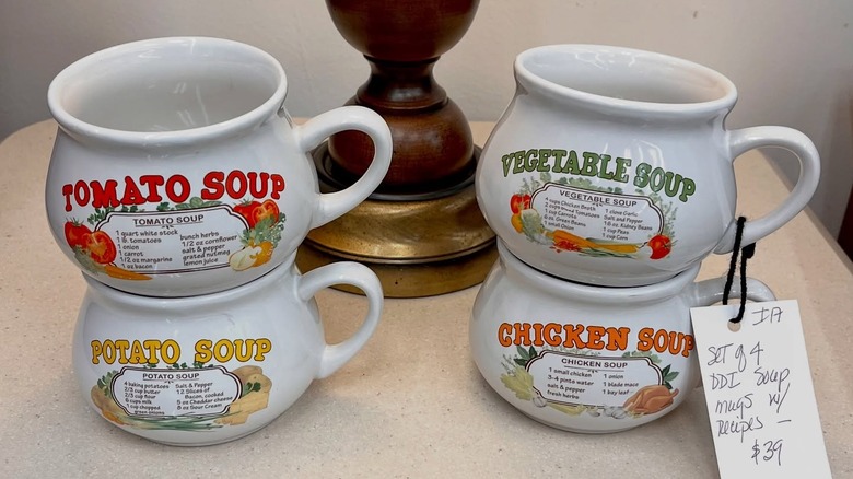 Stacked ceramic vintage soup recipe mugs