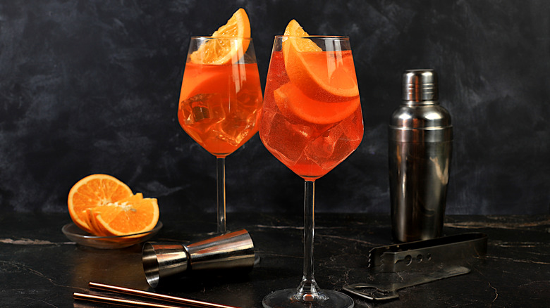 Two glasses of Aperol spritz.