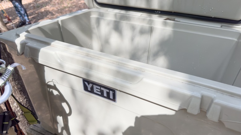 A large Yeti cooler at a campsite.
