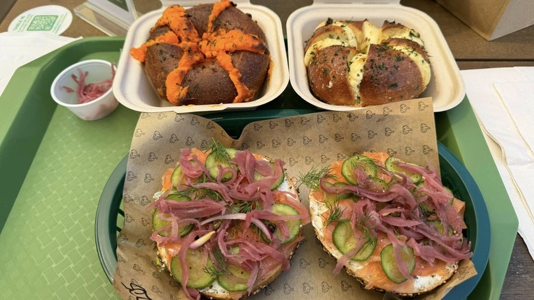 Assortment of bagels from Calic Bagel, including stuffed bagels and bagels with toppings