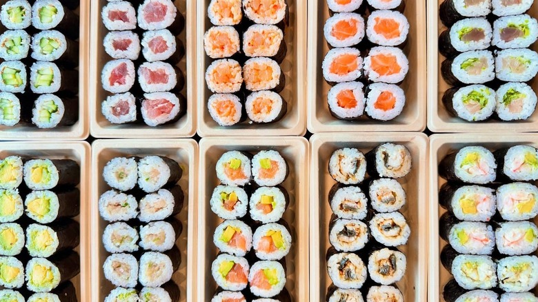 Different sushi rolls plated next to each other