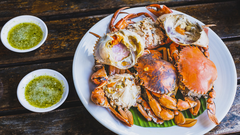 Several cooked crabs on a plate next to two bowls of dipping sauce
