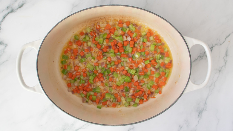 chopped cooked vegetables in a pot