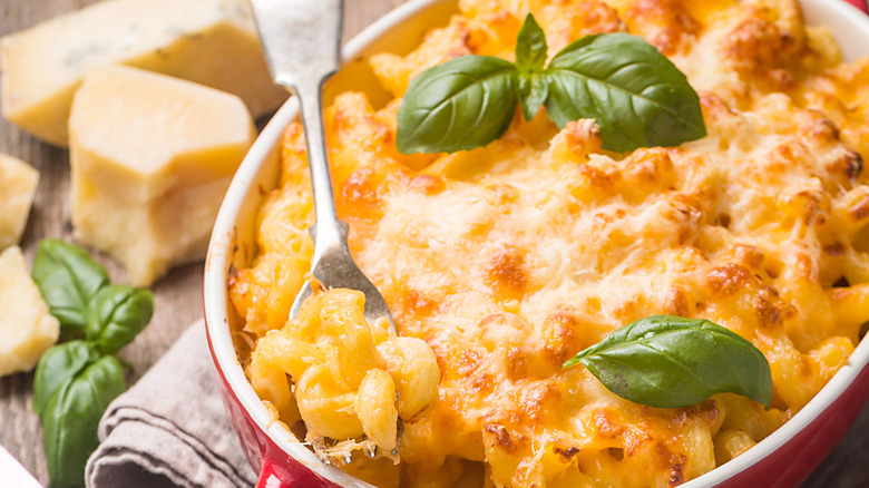 Baked mac and cheese in a casserole dish.