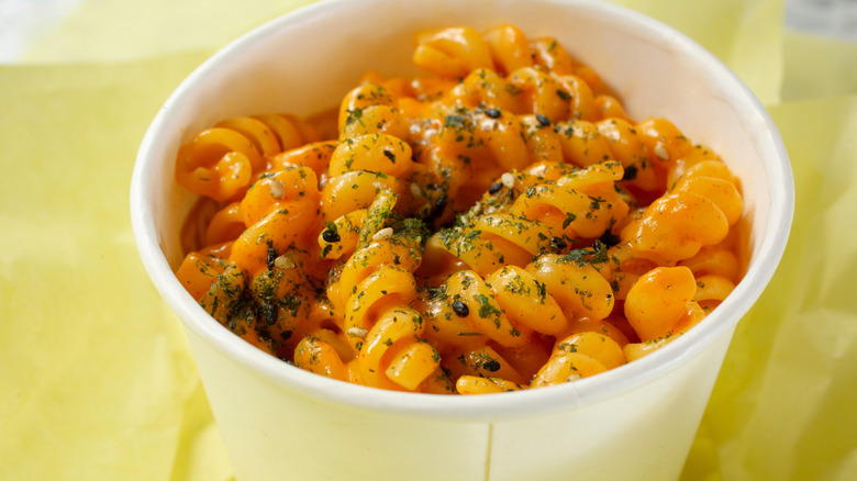 A view of a small bowl of Korean mac n cheese.