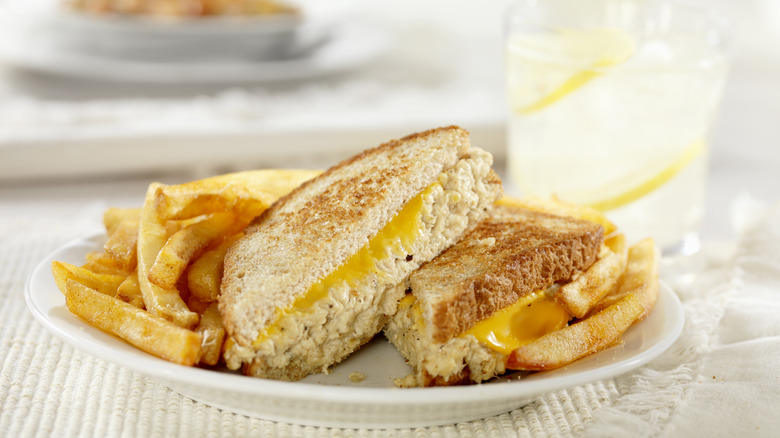 Tuna melt and fries on plate. 