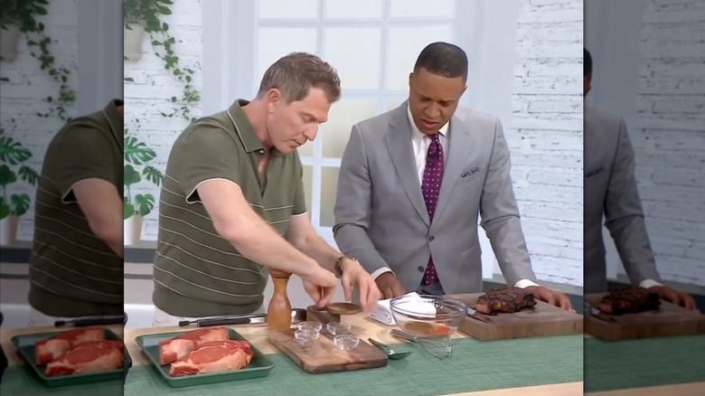 Bobby Flay and host from TODAY Food making his steak rub.