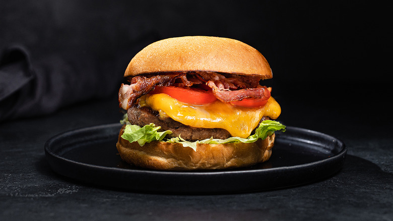 A fancy looking burger sits on a plate