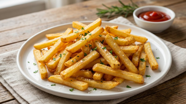 A plate of french fries topped with parsley and salt on a table.