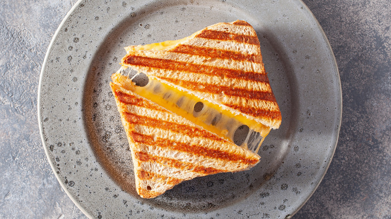 Grilled cheese sandwich cut in half on a plate
