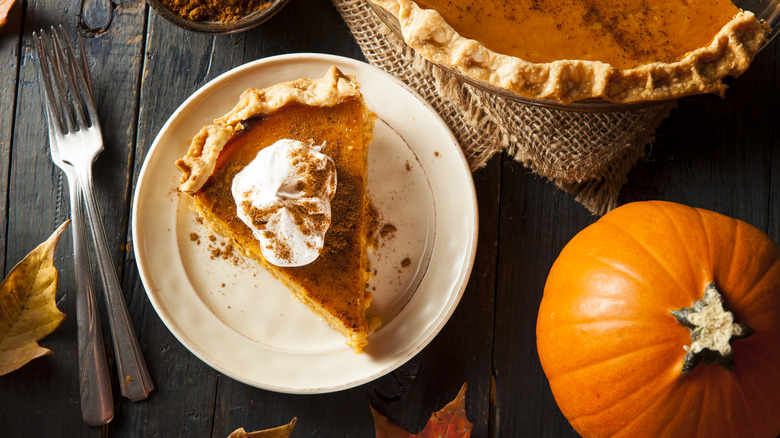 slice of pumpkin pie topped with whipped cream and cinnamon, on a white plate with a pumpkin and leaves in the background.