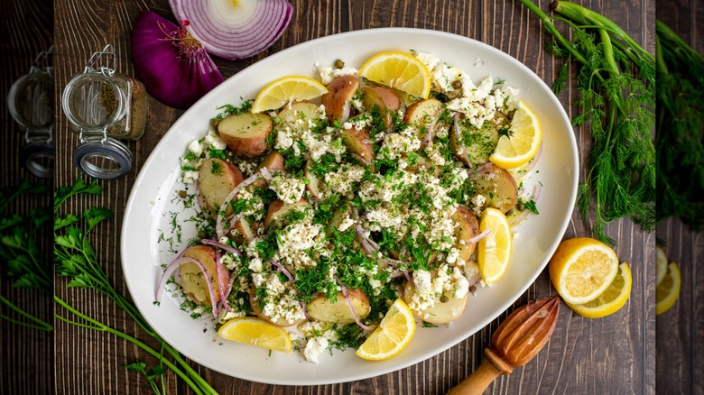 Plate of herby potato salad.