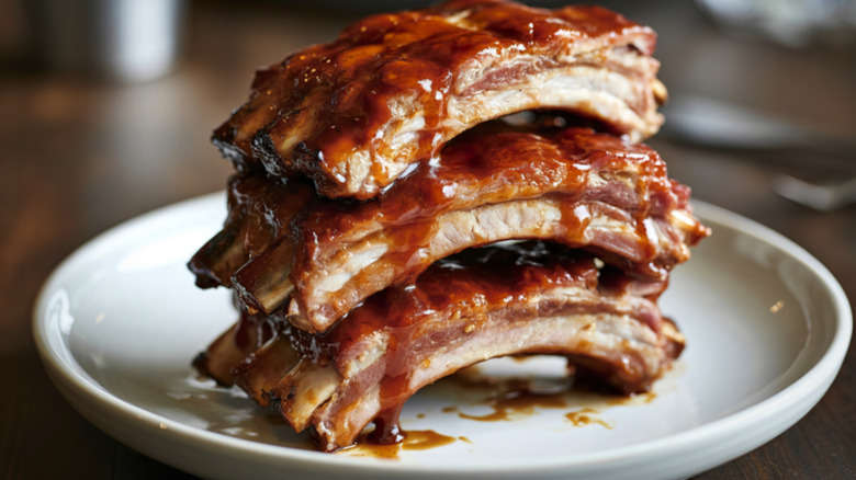 Plated glazed pork ribs.