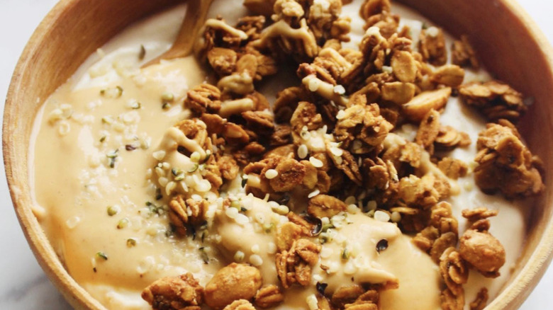 a closeup of a peanut butter yogurt bowl