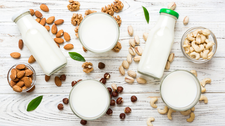 Jars of various plant-based milks surrounded by almonds, pecans, hazelnuts, pistachios, and cashews on white table