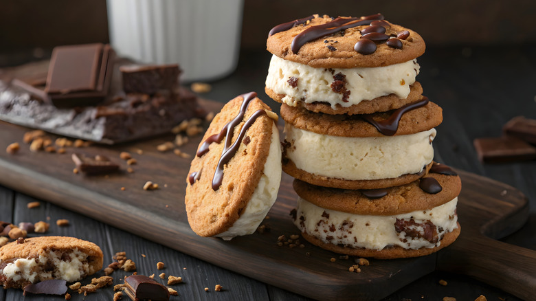 chocolate chip cookie and vanilla ice cream sandwiches