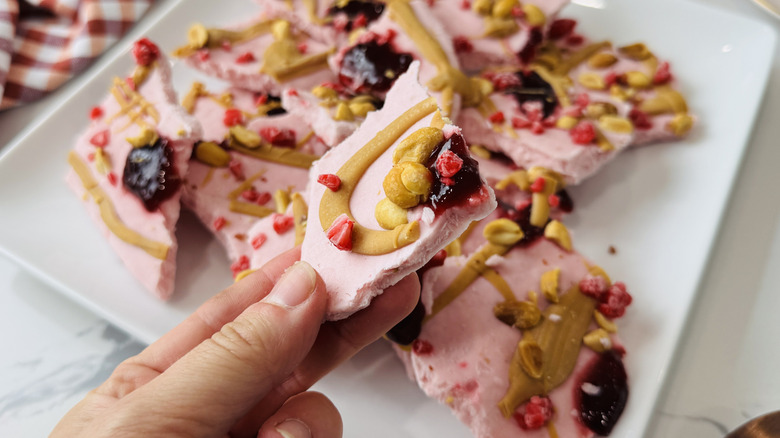 PB+J frozen cottage cheese bark on platter