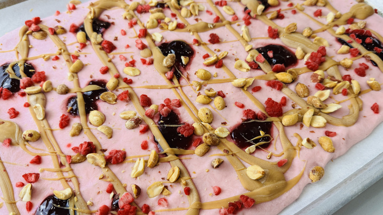 Frozen cottage cheese bark on baking sheet