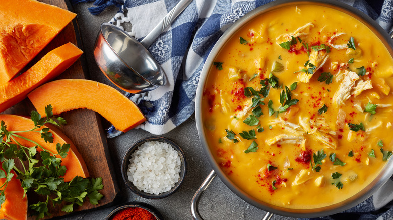 pumpkin chicken soup in a pot