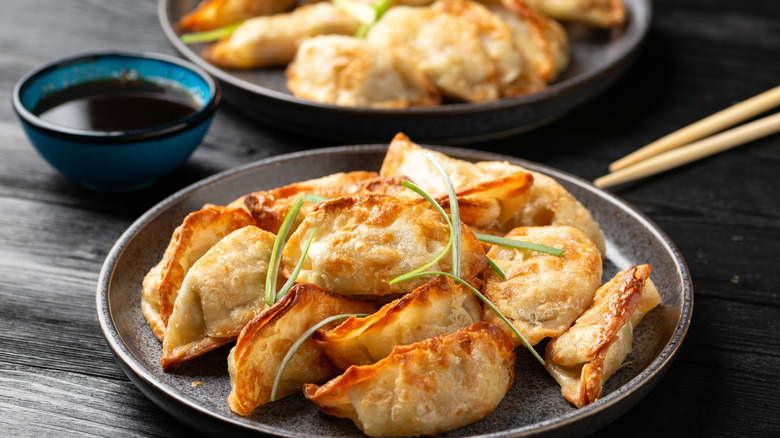 A plate of fried gyoza.
