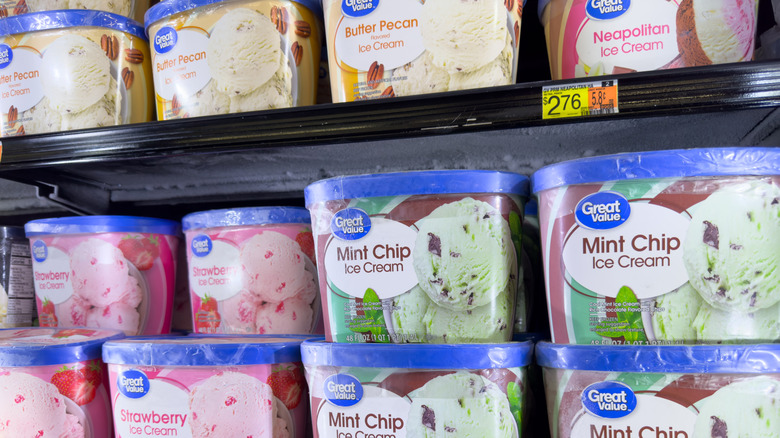Various flavors of Great Value ice cream in a Walmart store freezer