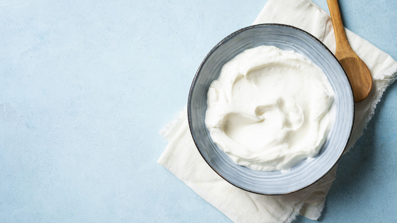 Homemade Greek yogurt in bowl on blue background