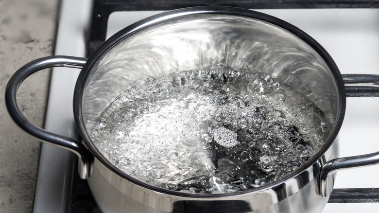 A stainless steel pot of boiling water on a white stovetop