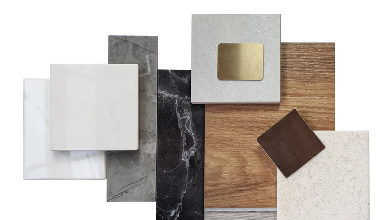 A variety of square and rectangular stone samples on a white background